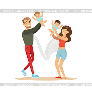 Happy mother and father playing with their babies - vector clip art
