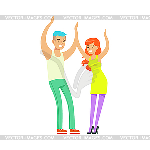 Young fashion couple in casual clothes dancing at - vector image