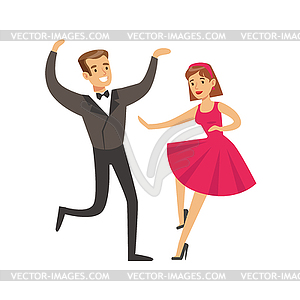 Молодая пара, танцы в элегантной одежде красочные - векторный клипарт Royalty-Free