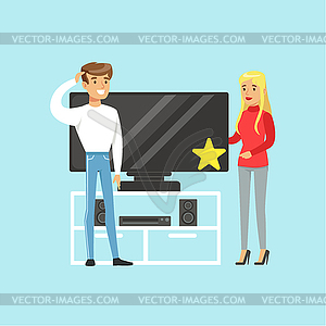 Young blond woman choosing TV with shop assistant - vector clip art