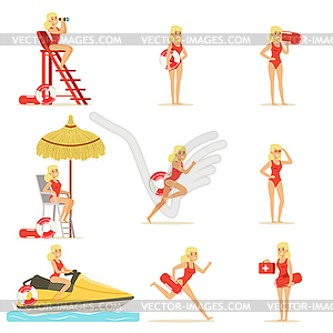 Lifeguard woman character doing his job. Water - vector clip art