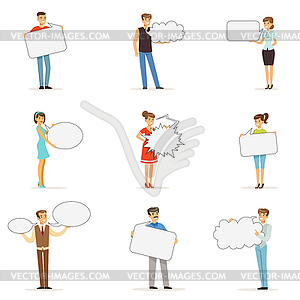 Young man and woman standing with blank speech - vector image