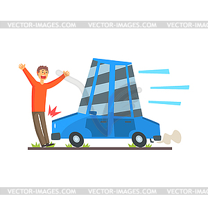 Car knocks down man, car accident colorful character - vector image