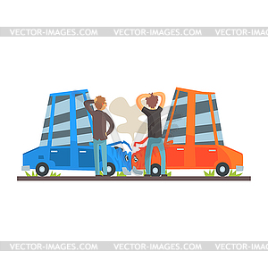 Two people crashing their cars. Car accident - vector clipart