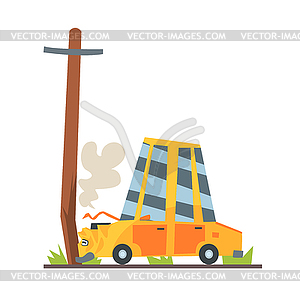 Car crashed into street post, car accident - vector image