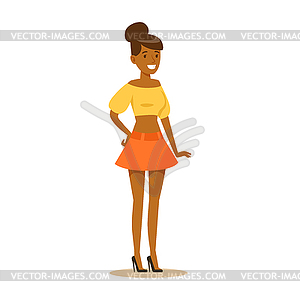 Happy African American girl in street fashion - vector image