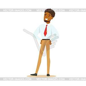 Young smiling African American businessman standing - vector clipart