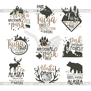 Alaska national park labels set. Forest protection s - vector image