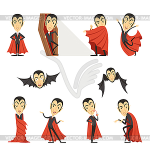 Count Dracula wearing red cape. Set of cute - vector clipart