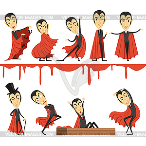 Cartoon Count Dracula wearing red cape set. - vector clip art