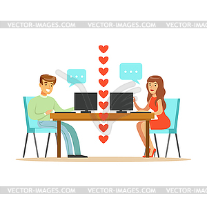 Young man and woman in love chatting sitting in - vector image