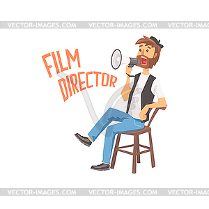 Film director sitting in his chair speaking into - vector clip art