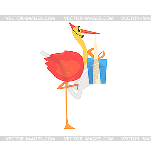 Cute cartoon stork in red party hat carrying blue - vector clipart