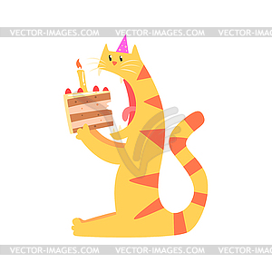 Cute cartoon tiger biting piece of cake. Happy - color vector clipart