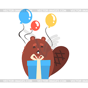 Cute cartoon beaver holding blue gift box and - vector image