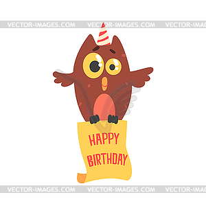 Cute cartoon owl in party hat Happy Birthday - color vector clipart