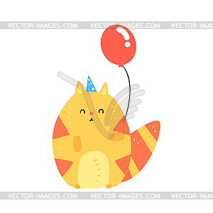 Lovely cartoon red cat in blue party hat holding - vector image