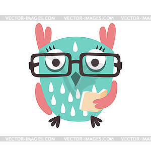 Cartoon owl bird in eyeglasses holding book colorfu - vector clip art