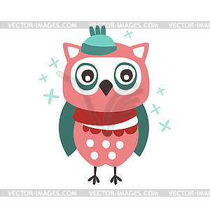 Cute cartoon owl bird in hat and scarf colorful - vector image