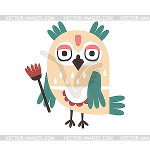 Cute cartoon owl bird holding flower colorful - vector clip art