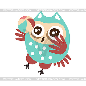 Cute cartoon owl bird playing ball colorful - vector clipart