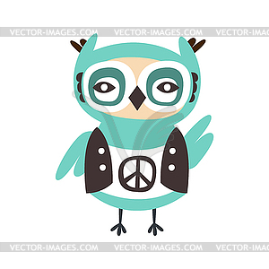 Симпатичная мультяшная птица сова с символом мира на своей ткани - изображение в векторе / векторный клипарт