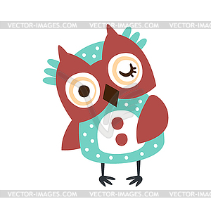 Cute cartoon owl bird winking colorful character - vector image