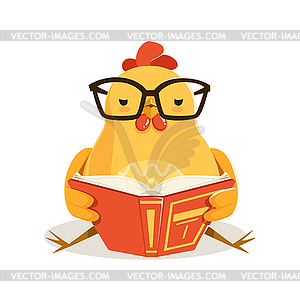 Cute cartoon chick bird sitting and reading book - color vector clipart