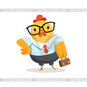 Funny cartoon business chick standing with briefcas - vector image