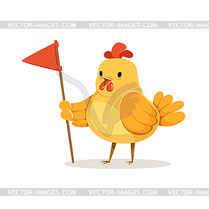 Funny cartoon chick bird standing and holding red - vector image