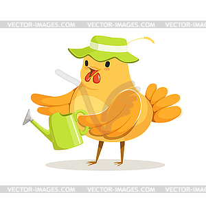 Funny chicken gardener wearing green hat standing - vector clipart