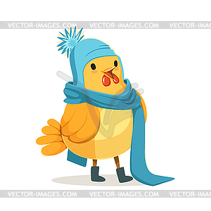 Funny chick wearing blue knitted hat and scarf - vector clip art