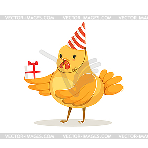 Симпатичные мультяшный цыпленок в партии шляпу, стоя и - векторный графический клипарт