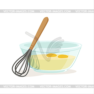 Raw eggs in glass bowl and whisk for whipping - vector clip art