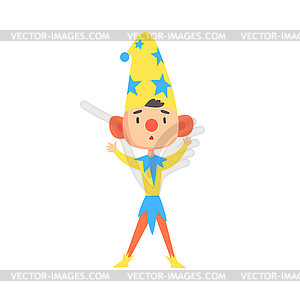 Boy in clown medieval costume colorful cartoon - royalty-free vector image