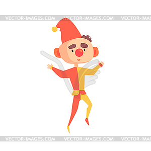 Funny cartoon jester in medieval costume colorful - vector image