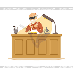 Senior man making jewelry in workshop, craft hobby - vector image