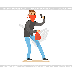 Маскированный разбойник, держащий пистолет и несущий оранжевый - векторный клипарт / векторное изображение