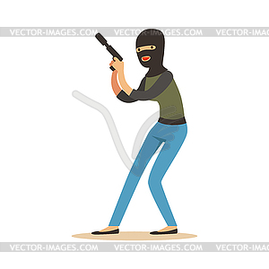 Thief in black balaclava holding gun, robbery - vector EPS clipart