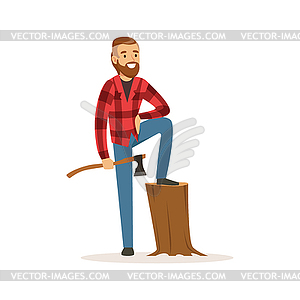 Smiling lumberjack holding an axe colorful character - vector clipart