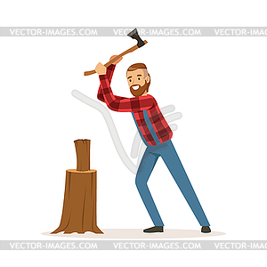 Lumberjack chopping wood with an axe colorful - vector image