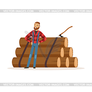 Smiling lumberjack man standing against pile of log - vector clip art