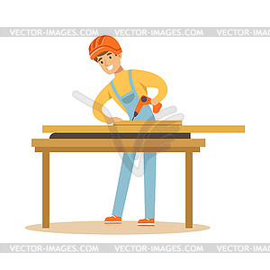 Young carpenter man drilling wood in his workshop, - vector clipart