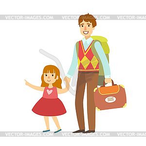 Father with her daughter going to travel. Colorful - vector clipart