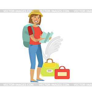 Woman standing with traveling backpack and bags, - royalty-free vector image