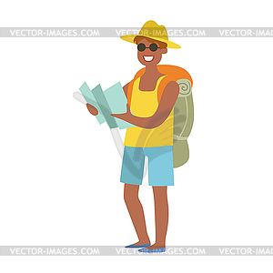 Cheerful man standing with traveling backpack and - vector clip art