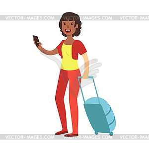 Cheerful brunette woman standing with travel - vector clip art