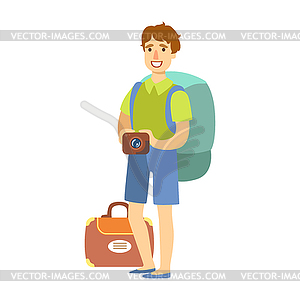 Young tourist man standing with big tourist backpac - vector image