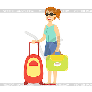 Young tourist woman traveling with luggage. Colorfu - vector clipart