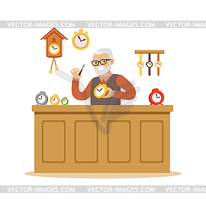 Бородатый старший мужчина, ремонтирующий часы, часовщик - иллюстрация в векторном формате